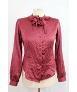 Vtg Stuart Lang NSL 7/8 Ruffle Tie Neck Rust Red Satin Button Front Top ... - £17.92 GBP