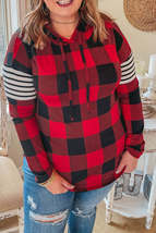 Red Plus Size Plaid Striped Patch Sleeve Hoodie - £17.67 GBP+