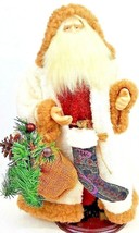 Vintage Woodland Santa Claus In White Wooly Robe 18&quot; Tall on Wood Stand - £16.10 GBP