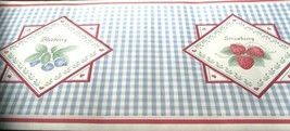 Wallpaper Border Country Apple Blueberry Strawberry Red White Blue Gingh... - $14.35