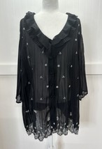 Maggie Barnes Semi Sheer Blouse 2X Button Up Black Floral Ruffle Collar ... - $17.99