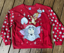 Tom and Jerry Ugly Christmas Sweater Red Fleece Women’s  XL W/ Lights Cat Mouse - £27.12 GBP