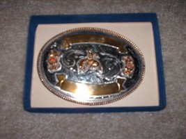 Vtg Bronc Riding Hand Made Silver Belt Buckle with Fancy Engraving w/ Red Sets   - £118.90 GBP