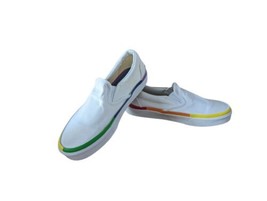 Vans Classic Slip On White canvas Rainbow Skate Shoe Pride LGBTQ women 6 - $28.50