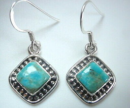 Turquoise Squares w/ Silver Dotted Accents 925 Sterling Silver Dangle Earrings - £13.49 GBP