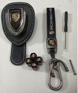 Genuine Leather Lanyard&  Metal Stem Valve Caps And Glasses Clip Set For Porsche - $56.43