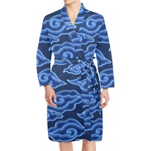 Batik Print Mega Mendung Blue Cloud Men&#39;s Long Sleeve Belted Satin Night Robe - £44.03 GBP