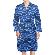 Batik Print Mega Mendung Blue Cloud Men&#39;s Long Sleeve Belted Satin Night Robe - £43.57 GBP