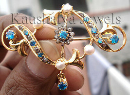Victorian 0.50ct R0se Cut Diamond Blue Topaz Pearl Wedding Brooch Christmas - £502.53 GBP