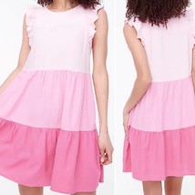 NWOT J. CREW Pink Combo Linen Viscose Ruffle Sleeve Tiered Mini Dress Size 12 - £29.85 GBP