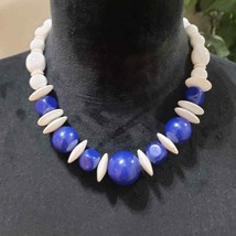 Women Fashion White Flat Disk Round Blue Stone Beaded Choker Necklace w/ Lobster - £21.71 GBP