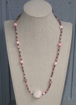 Handmade Pink Floral Charcoal Gray Beaded Rose Quartz Pendant Necklace 21&quot; Long - £8.60 GBP