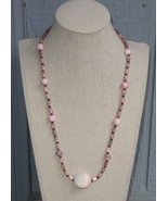 Handmade Pink Floral Charcoal Gray Beaded Rose Quartz Pendant Necklace 2... - £8.71 GBP
