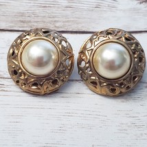 Vintage Clip On Earrings Ornate Antique Gold Tone Halo with Faux Pearl Domed - £10.21 GBP
