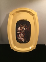 Vintage 70s yellow acrylic serving tray with floral art overlay