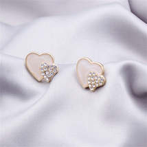 Cubic Zirconia &amp; White Enamel Stacked Heart Stud Earrings - £10.47 GBP