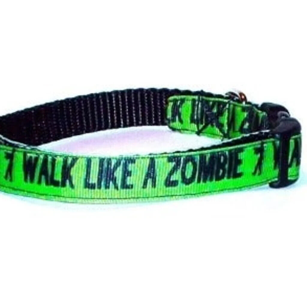Green Black Walk Like A Zombie Adjustable Dog Collar 5/8 Inch Wide Size Medium - $7.92