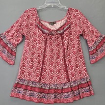 Almost Famous Women Shirt Size M Pink Stretch Preppy 3/4 Bell Sleeve Lightweight - £9.91 GBP