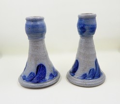 Rowe Pottery Stoneware Salt Glaze Candle Stick Holder Pair Gray Blue 5 Inch - $39.99