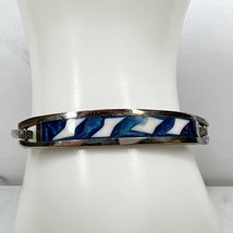 Vintage Alpaca Mexico Silver Tone Blue White Inlay Hinge Bangle Bracelet - £19.37 GBP