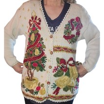 Heirloom Collectibles Ivory Holiday Christmas Button Embroidered Sweater Sz Med - £32.89 GBP