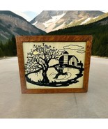 Vintage Silhouette Wood Framed Art Ice Skating Child Barn Tree - £32.47 GBP