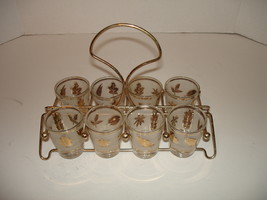 Holiday Shot Glass Set - Frosted Leaf / Gold Trim - Set of 8 + Metal Rack - £39.87 GBP