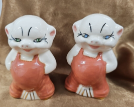 Vintage Pigs Pig Rhinestone Gem Eyes Salt and Pepper Shakers Anthropomor... - $26.06