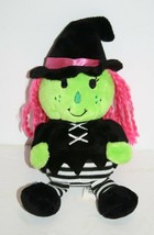 Halloween Witch 9&quot; Green Face Dan Dee Plush Doll Pink Yarn Hair Black Stripe Leg - £10.07 GBP