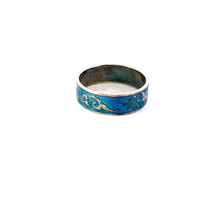 Vtg Signed Thailand Sterling Inlay Blue Enamel Carved Pattern Band Ring sz 7 1/2 - £30.79 GBP