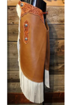 Cowboy Leather Chinks Chaps Handmade Flower Tooled, Twisted Fringe Rowdy Style - £71.75 GBP+