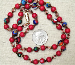 Millefiori Italian Art Glass Bead Knotted Multi Color Red Necklace  VTG ... - £30.41 GBP