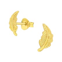 Feather 925 Silver Stud Earrings Gold Plated - £10.94 GBP