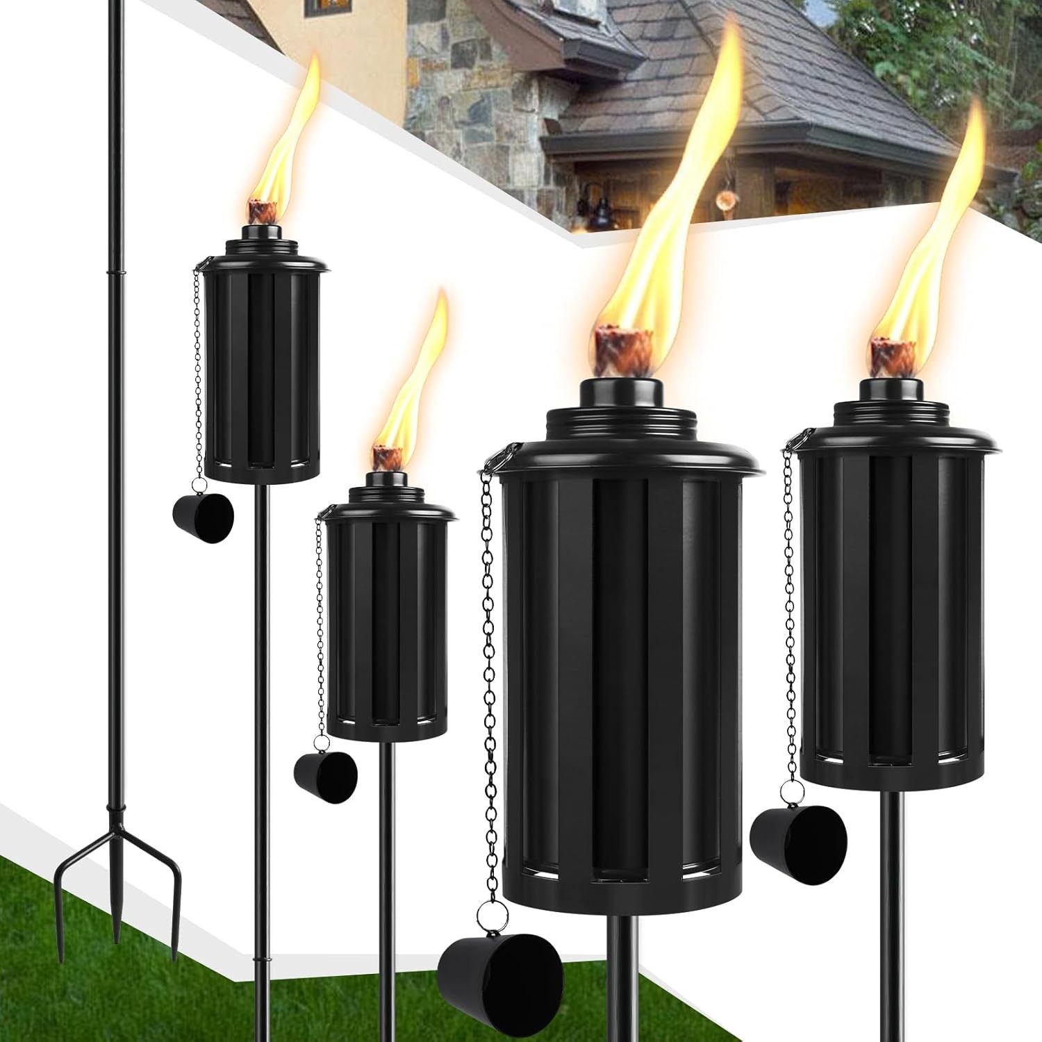 Four 16-Ounce Garden Torches With A Grounded Stake, Three Prongs, And A ... - $41.94
