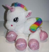 Gitzy Unicorn White Plush Rainbow Mane Tail Pink Feet Horn 18&quot; Soft Toy FLAW - £10.89 GBP