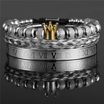 Royal King Crown Bracelet Set For Men Stainless Steel Bangle Macrame Men Roman B - £19.42 GBP