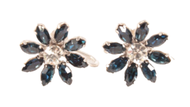 Vintage Krementz Blue Rhinestone Flower Earrings Screw Back .75 Inches - £11.16 GBP