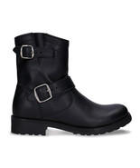 Womens biker boots ankle black vegan leather zipper buckle straps heel e... - $189.28 CAD
