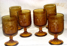 7 Vtg Indiana Tiara Glass Tumblers Amber / Gold 6 Oz Ea. Pedestal Style 5.5&quot; T - £35.50 GBP