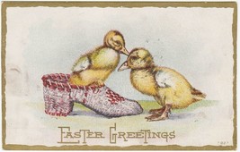 Vintage Postcard Easter Ducklings Play in Shoe Embossed Gold Border - £6.10 GBP