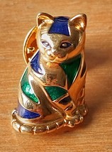 vintage gold tone blue and green enameled solid metal cat badge brooch pin - $8.50