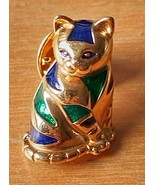 vintage gold tone blue and green enameled solid metal cat badge brooch pin - €7,25 EUR