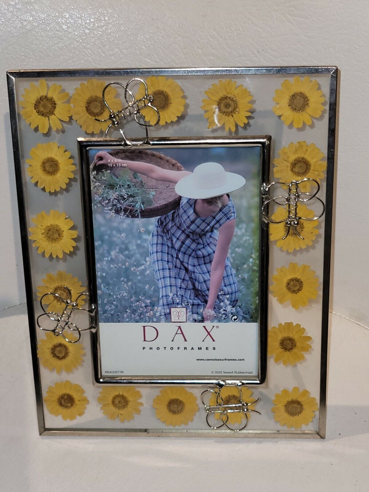 Vintage dax Glass PhotoFrame Silver Butterfly Floral Pressed Flowers - $26.18