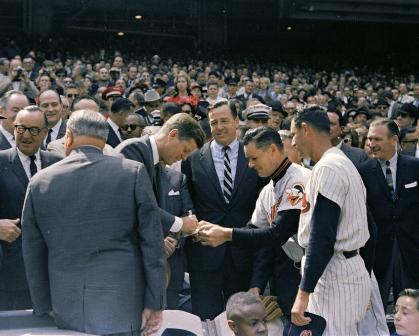 President John F. Kennedy signs autograph at baseball game 1963 Photo Print - £7.17 GBP