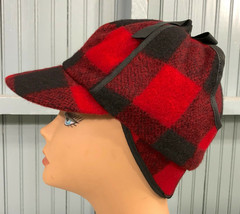 Scotch Hunting Red Plaid Lace Wool Made USA Ear Flaps 6 3/4 Langenberg Hat Cap - £35.54 GBP