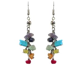 Rainbow Chakra Chip Stone Long Metal Dangle Earrings - Womens Fashion Handmade J - $17.81