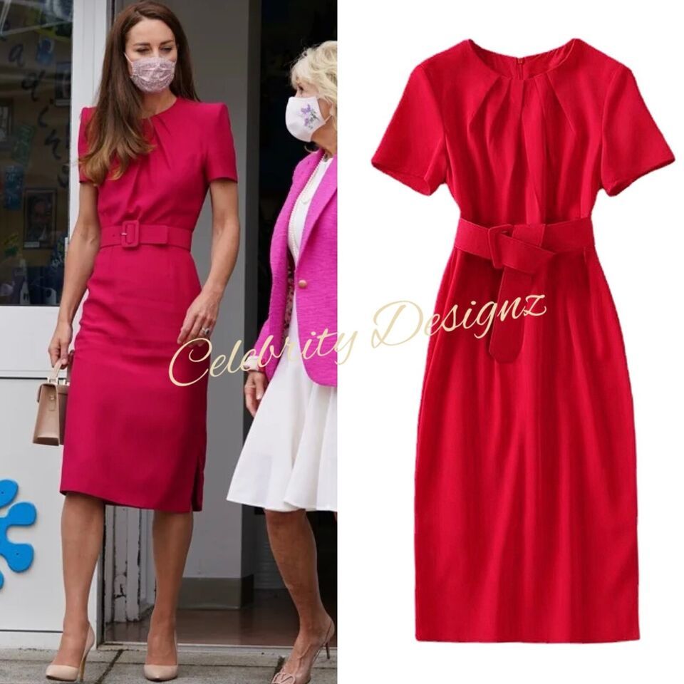 Kate Middleton Inspired Red Padded Shoulder Pleated Neckline Sheath Slit Dress