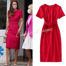 Kate Middleton Inspired Red Padded Shoulder Pleated Neckline Sheath Slit Dress - £101.60 GBP