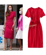 Kate Middleton Inspired Red Padded Shoulder Pleated Neckline Sheath Slit... - $134.12