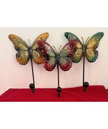 Colorful Metal Wall Hooks 3 Butterflies w Glitter Wings 15.5&quot; Unmarked - €21,39 EUR